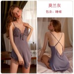 Guiruo New Sexy Sleeping Dress Women's European and American Plus Breast Pads Gather Breathable Backless Short Skirt Outer Robe Home Set 2371