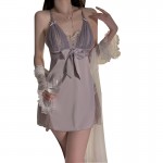 Guiruo Satin Deep V with Chest Pads Embroidered Mesh Spliced Sleeping Skirt Simple and Sweet Outer Robe Home Suit Set 3581