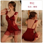 Guiruo Lingerie Sexy Transparent Yarn Lace Splice with Chest Cushion Hollow Satin Sleeping Dress Outer Robe Home Suit Set 3226