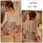 Guiruo Sexy Deep V Open Open Open Yarn Fleece Spliced Shawl Slim Fit Satin Nightgown Women's Home Set Q2793