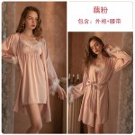 Qiruo Brand Autumn and Winter New Sexy Plush Satin Nightwear Hanging Strap and Lace up Nightgown Home Suit Set 19055