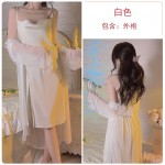 Guiruo New Sweet Silk Smooth Satin Open Back Strap Sleeping Dress Women's Mesh Outer Robe Home Suit Set 3430