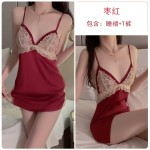 Guiruo Solid Satin Contrast Lace Perspective Sexy Deep V Open Back Suspended Sleeping Dress Outer Robe Home Suit Set 891