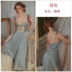 Ruo Ruo Solid Satin Face and Chest Cushion Lace Hollow Split Temptation Sling Home Long Sleeping Dress Women's Set J3036