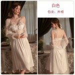 Guiruo Brand Sexy Deep V Hollow Steel Ring Pajamas with Chest Pads Long Sleeping Skirt Outer Robe Home Suit Set 2130