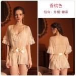 Qiruo Brand's Autumn and Winter New Sexy Mesh Perspective Bodysuit Nightgown Two Piece Home Furnishing Set for Women 1089