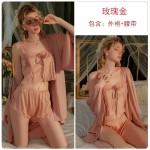 Guiruo Brand Sexy Open Front Outrobe Lace up Satin Lace Perspective Three Piece Women's Homewear Set 2507