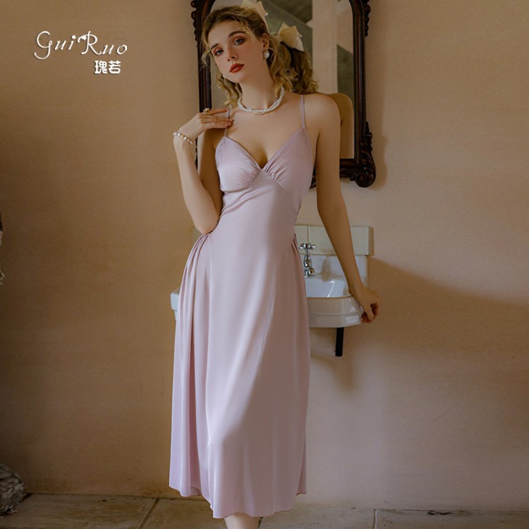 Guiruo satin surface with chest pad, spicy hollowed out waist, slim and elongated suspender nightgown, French home set J3283