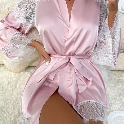 Guiruo Brand Satin Patch Lace Sexy, Sweet, Pure Desire Lace Up Ice Silk Comfortable Outer Robe Set Foreign Trade 9522