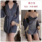 Guiruo Solid Satin Sexy High Split Stacked Collar Open Back Suspended Sleeping Dress Open Front Outer Robe Home Set 2063