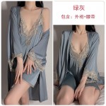 Guiruo Sexy Deep V Lace Satin Nightwear Split Seduction Sling Sleepwear Lace up Outer Robe Home Suit Set 272