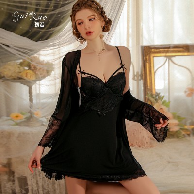 Guiruo Sexy Deep V with Chest Cushion Steel Ring Gathering Perspective Lace Temptation Sleeping Dress Outer Robe Home Suit Set 2679