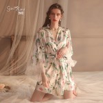 Guiruo Brand Sexy Lace Perspective Temptation Pajamas Printed Lace Up Outrobe Women's Home Fury Set 19165