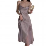 Jue Ruo Light Luxury Pure Desire Satin Transparent Yarn Stacked Collar Elastic Waist Shrinking Chest Cushion Slim Strap Home Sleeping Dress J3459