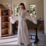 Guiruo brand's simulated silk stitching mesh feather cuffs with three-dimensional embroidery lace up long nightgown and home clothing 1000