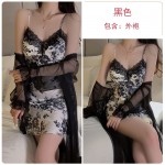 Guiruo Summer Pure Desire Satin Printed Pajamas with Chest Pads Gathered Pajama Skirt Mesh Outer Robe Home Suit Set 3399