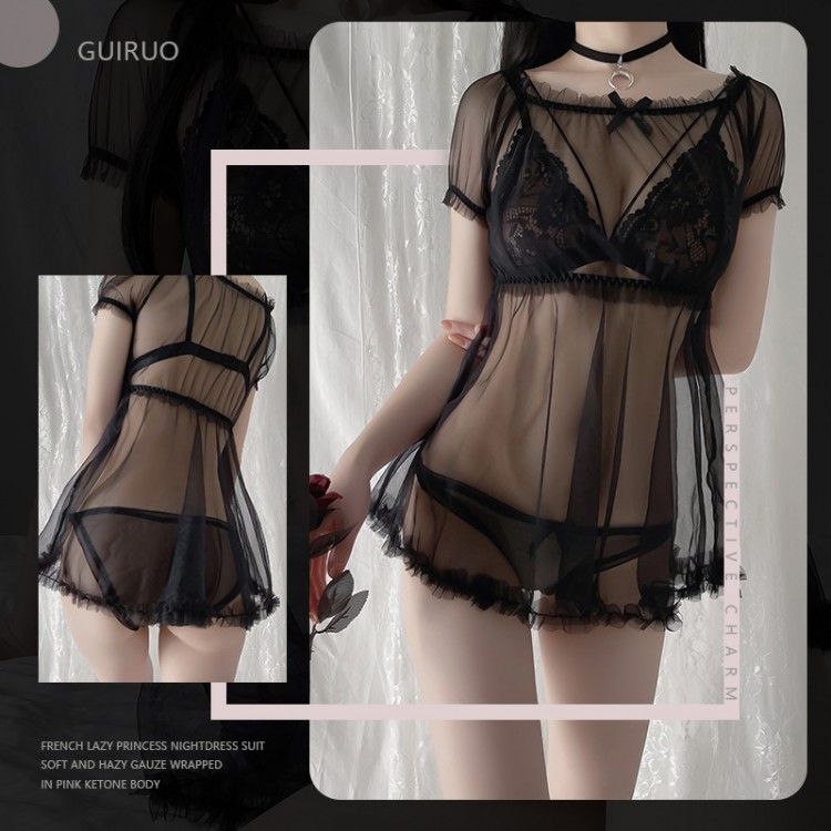 Guiruo Fun Underwear Sexy Mesh Perspective Temptation Three Point Sweet Princess Bow Sleeping Dress Set 1213