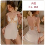 Guiruo Satin Deep V Lace and Chest Cushion Perspective Lace up Seduction Split Sleeping Dress Outer Robe Home Suit Set 2726