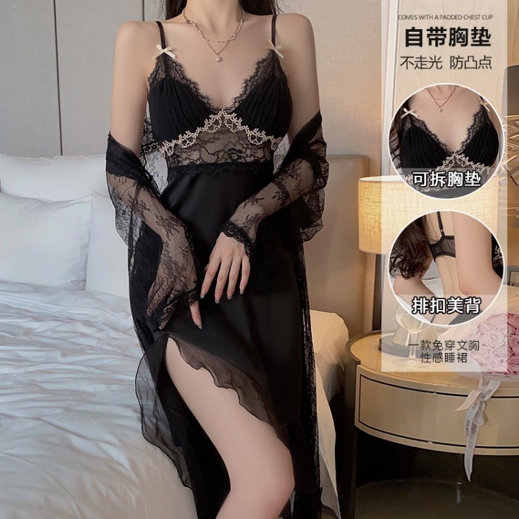 Guiruo Summer Sexy Open Back Ice Silk with Chest Cushion Suspended Sleeping Dress Simple Mesh Outer Robe Home Suit Set 3372