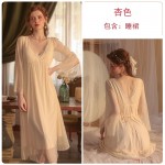 Guiruo Spring/Summer New Sexy Solid Color Mesh Chest Cushion Pajamas Women's Open Back Long Pajama Dress Home Suit Set 2055