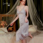 Guiruo brand sexy pleated slimming pajamas with open back ice silk suspender dress and chest pad home suit J3122