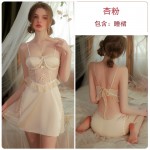 Guiruo Brand Sexy Hollow out Satin Lace Breast Pad Gathering Sleeping Dress Solid Color Robe Women's Home Set 3140