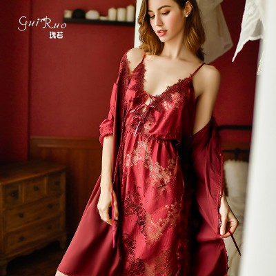 Guiruo Brand Pajamas Women's Nightwear Side Split Bathrobe Sexy Lace Pajama Bathrobe Home Suit Set 311