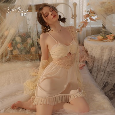 Ruo Ruo Satin Sexy Lace Hollow Temptation with Chest Cushion Suspender Sleeping Dress Simple Outrobe Home Set J3182