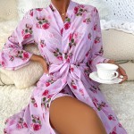 Guiruo Sexy Printing Split Deep V Lace Temptation Sling Sleeping Dress with Waist Tie Up Outer Robe Set Foreign Trade 9333