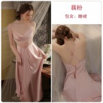 Guiruo French Sexy Deep V Swinging Neck Satin Mesh Perspective Cross over Open Back Women's Sleeping Dress Home Suit Set 3213