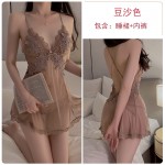 Guiruo Summer Refreshing Mesh Perspective Attractive Lace Splice Sexy Backless Pure Desire Sling Sleeping Dress Set 1899