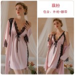 Guiruosi Smooth Satin Sexy Deep V Lace Lace Lace Waist High Split Sleeping Skirt Outer Robe Home Suit Set 19151