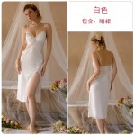 Guiruo Sexy Pajamas Deep V with Chest Pads Perspective Lace Side Split Sling Sleeping Dress Outer Robe Home Set Q3255