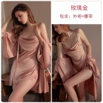 Guiruo brand sexy lace slit seductive pajamas, comfortable solid color suspender dress, outer robe, home clothing set 2057