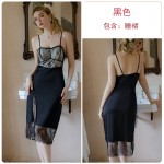 Guiruo Brand Sexy Lace Pure Desire Split Ice Silk Suspender Sleeping Dress with Chest Cushion Gathering Home Set J3413