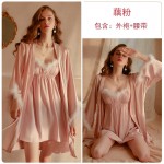 Qiruo Brand Autumn and Winter New Deep V Satin Plush Sling Sleeping Dress, Nightgown, Bathrobe, Women's Home Fur Set 19055