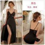 Ruo Ruo Satin Lace Panel Deep V with Chest Cushion Sexy Side Slits Temperament Long Sleeping Dress Women's Set J3332