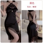 Guiruo Plus Chest Pads Gather Pajamas, Ice Silk Qipao, Female Hanging Neck, Open Back, Seduction, Slim Home Fur Set P3346