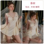 Guiruo Satin Low Chest Gathered with Chest Pads and Collated Yarn Perspective Lace Nightgown Lazy Outrobe Home Suit Set 3464