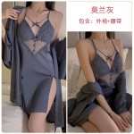 Guiruo Summer Sexy Backless Temptation Ice Silk Slit Sleepwear Sling Sleeping Dress Outer Robe Women's Home Furnishing Set 2355