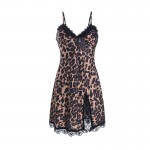 Guiruo Sexy Deep V Lace Split Seductive Leopard Pattern with Chest Pads Gathered Strap Sleeping Dress Home Set 3400