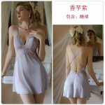 Guiruo Summer Sexy Backless Temptation with Chest Pads Gathered Strap Sleeping Skirt Simple Outer Robe Home Suit Set 3660