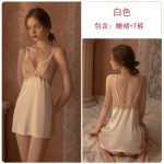 Qiruo Brand Autumn and Winter New Nightwear Sexy Deep V Embroidered Satin Suspended Sleepwear Home Suit Set Issued on behalf of 891