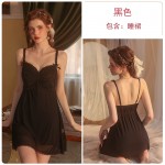 Guiruo Brand Sexy Comfortable Sling Sleeping Dress with Chest Pad Deep V Comfortable Outer Robe Lace Perspective Home Furnishing Set