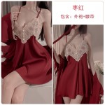 Guiruo Spring/Summer Comfortable Pajamas Open Back Sweet Embroidery Lace Suspended Pajama Dresses Women's Cardigan Home Suit Set 1854