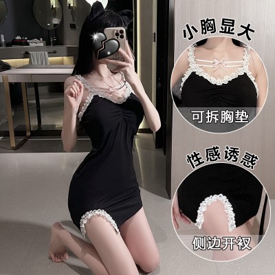 Guiruo Sexy Deep V with Chest Pads, Lace High Split Open Back, Seductive Women's Suspender, Sleeping Dress, Home Suit Set 1305