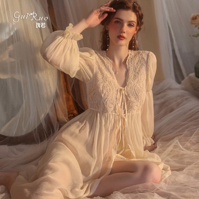 Guiruo Summer Brand Sexy Attraction Perspective Charm Lace up Palace Style Robe Solid Color Women's Home Set 2157