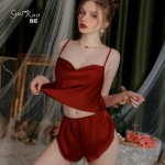 Ruo Ruo Solid Satin Comfortable and Sexy Swinging Collar Temptation Sling Top, Shorts, Outer Robe Pure Desire Home Set 3588