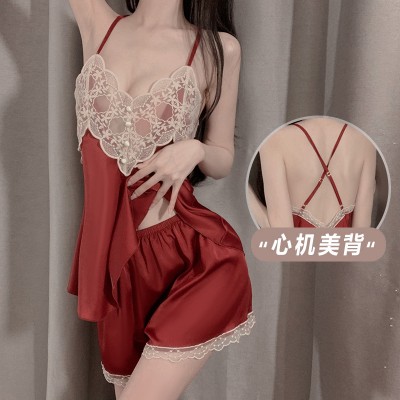 Guiruo Fun Lingerie Solid Lace Embroidery Backless Nightwear Hanging Strap Nightwear Shorts Women's Home Suit Set 2196