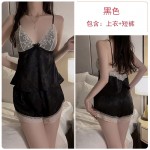 Guiruo Sexy Lace Spliced Ice Silk Pajamas with Chest Pads, Suspended Pajamas, Shorts, Outer Robe, Home Suit Set 3551